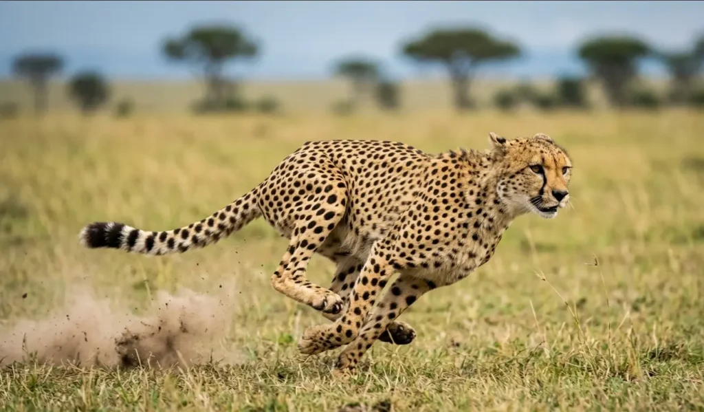 Cheetah hunting gazelle across golden Maasai Mara grasslands during early morning light.