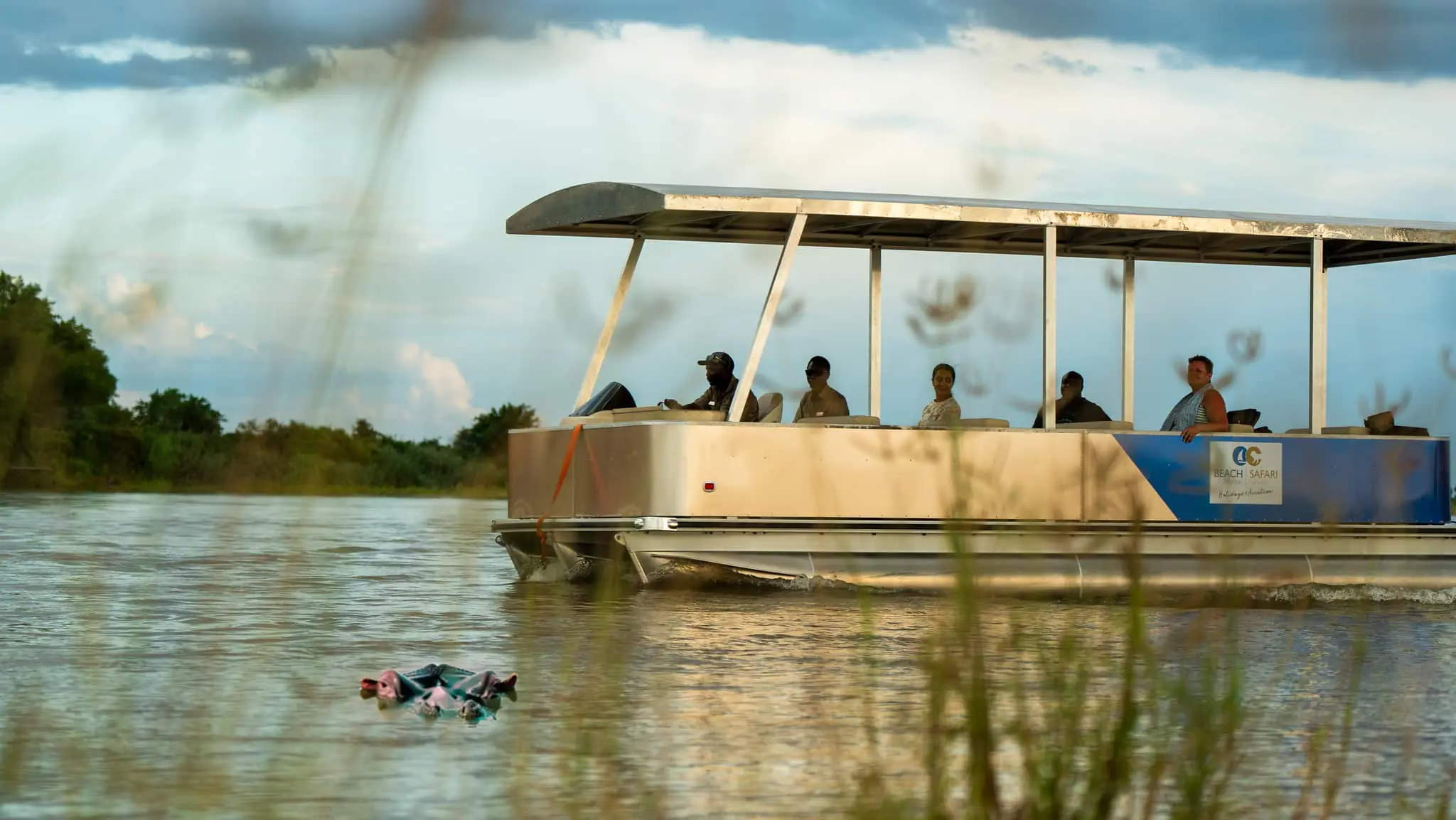 Boat safari passing elephants drinking beside the Rufiji River in southern Tanzania wilderness.