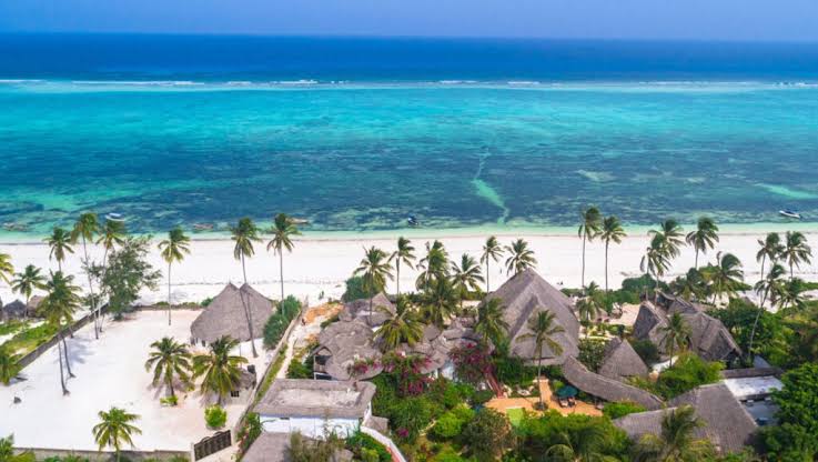 Palm lined Matemwe Beach with traditional fishing boats overlooking calm turquoise Indian Ocean waters