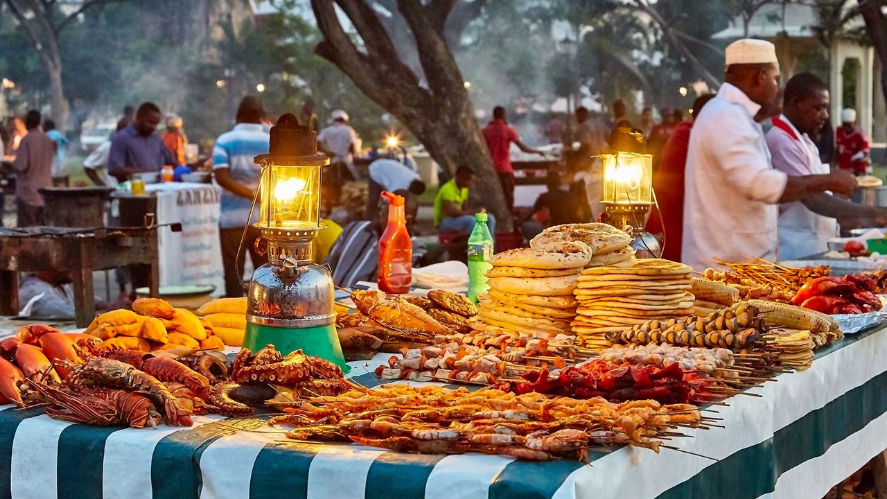 Traditional Zanzibar seafood dishes served on a Stone Town restaurant table with local spices