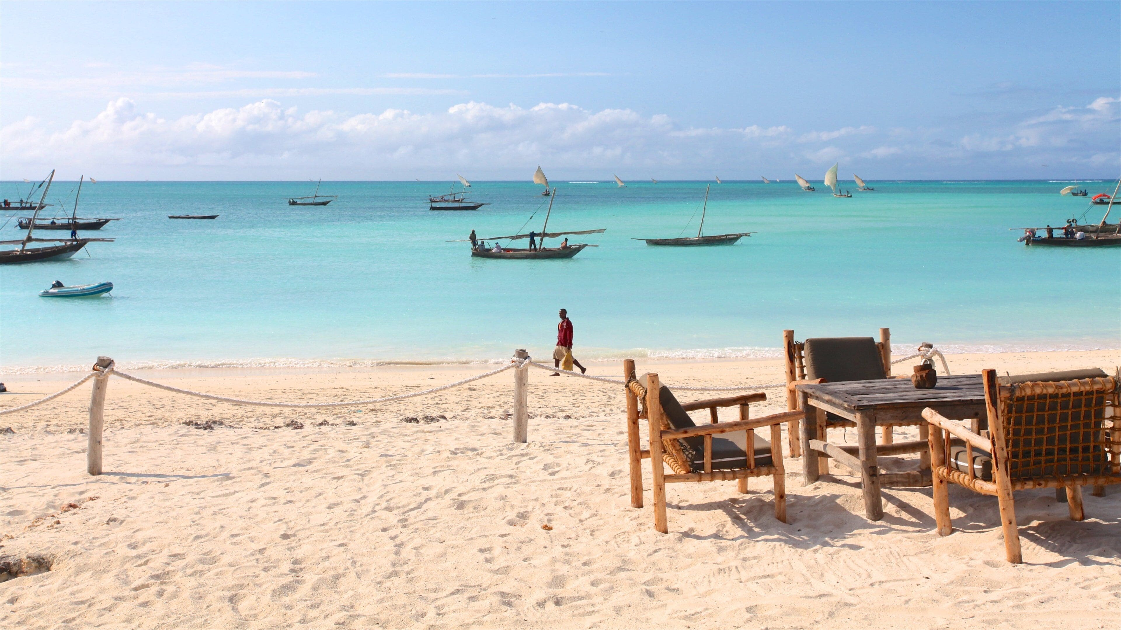 Palm trees overlooking Nungwi Beach with turquoise waters, traditional dhow boats, and soft white sand.