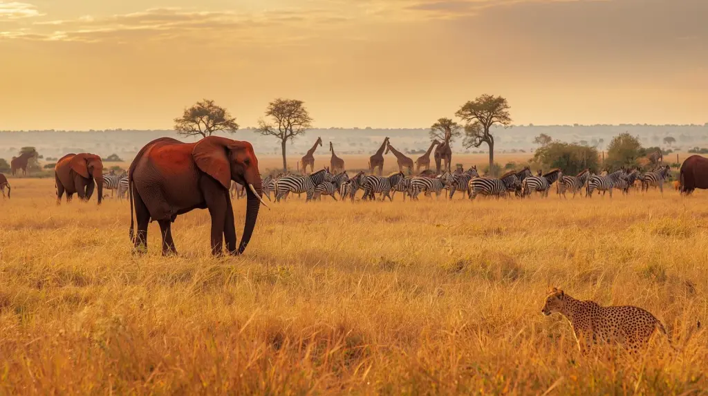 Herd of red dust elephants walking past a parked safari vehicle