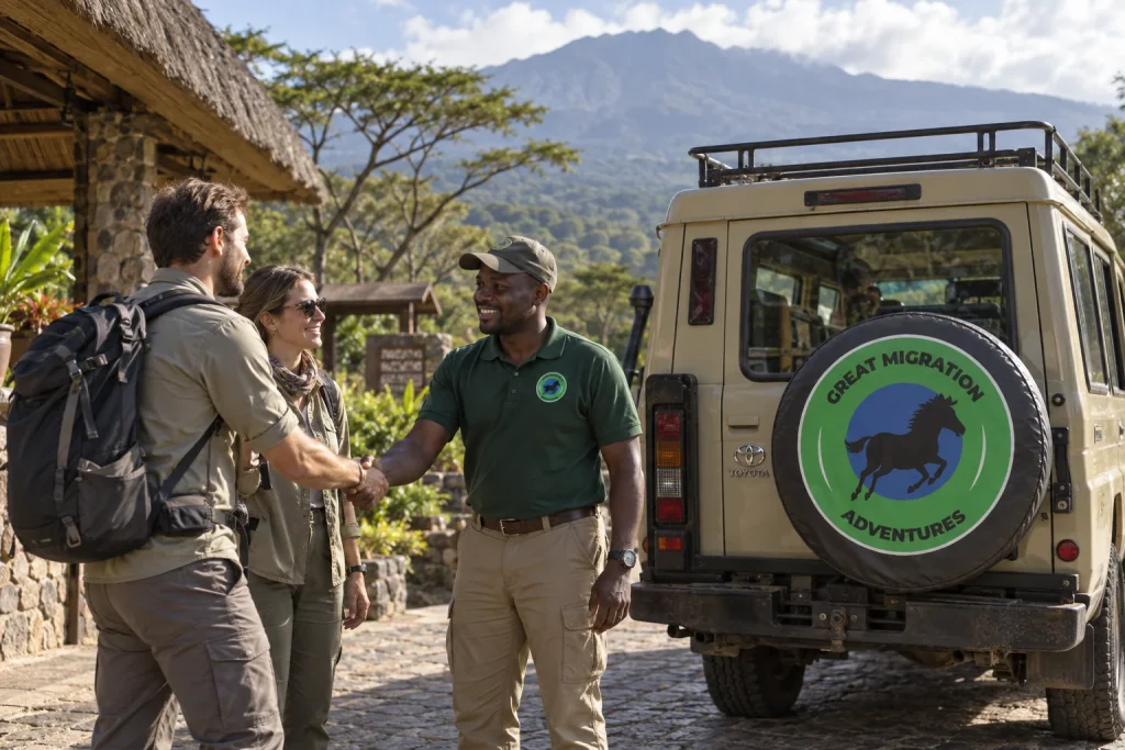 Guide welcoming adult visitors beside a safari Land Cruiser at a lodge departure area