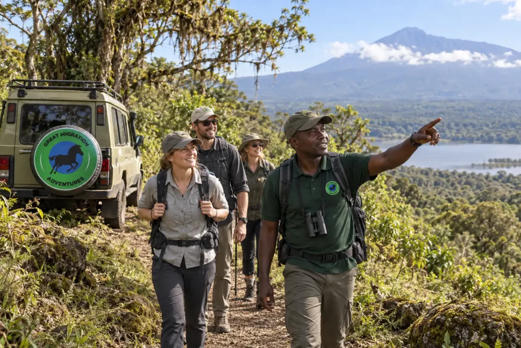 Adult visitors and a guide on a safe scenic nature trail, no wildlife close to people