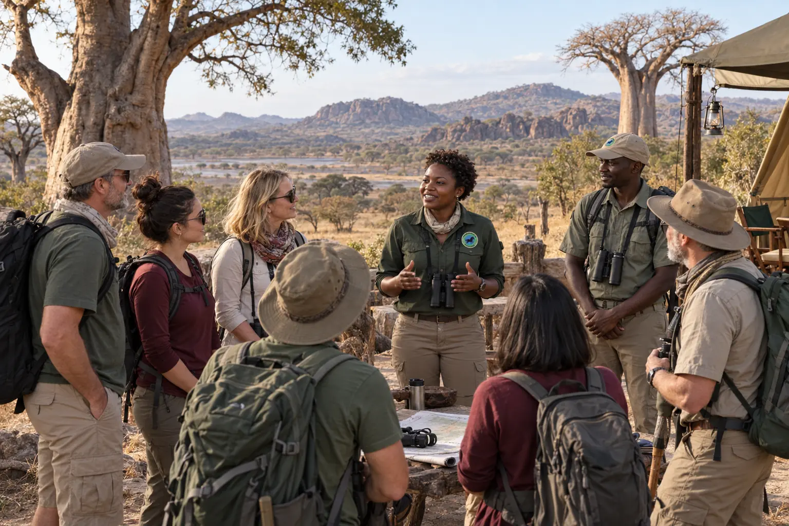 Male and female guides briefing a safari group