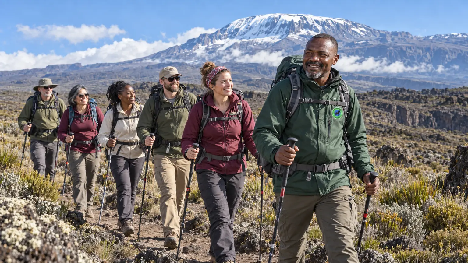 Male guide leading a Kilimanjaro trekking group