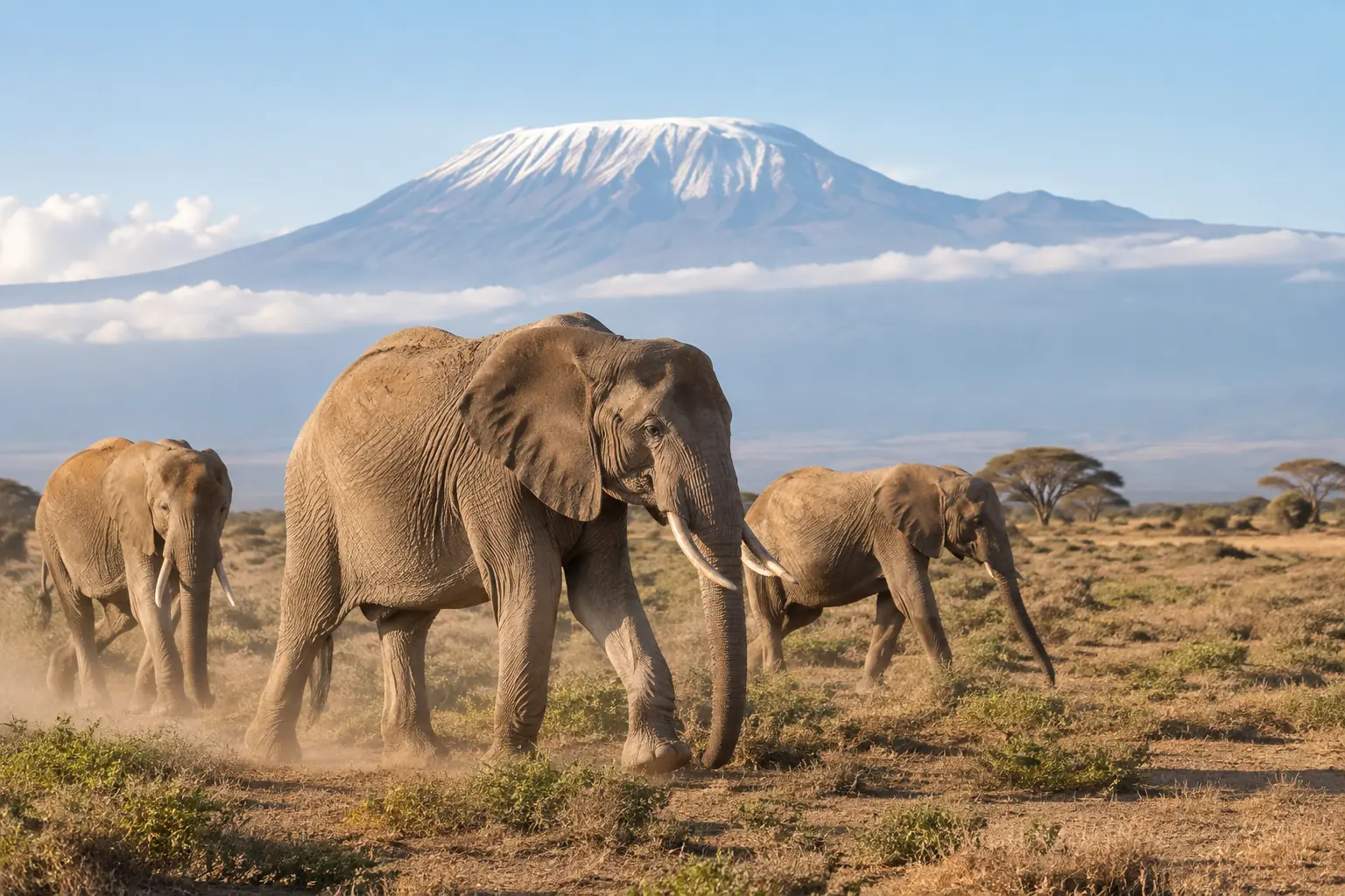 Elephants in Amboseli with mountain scenery