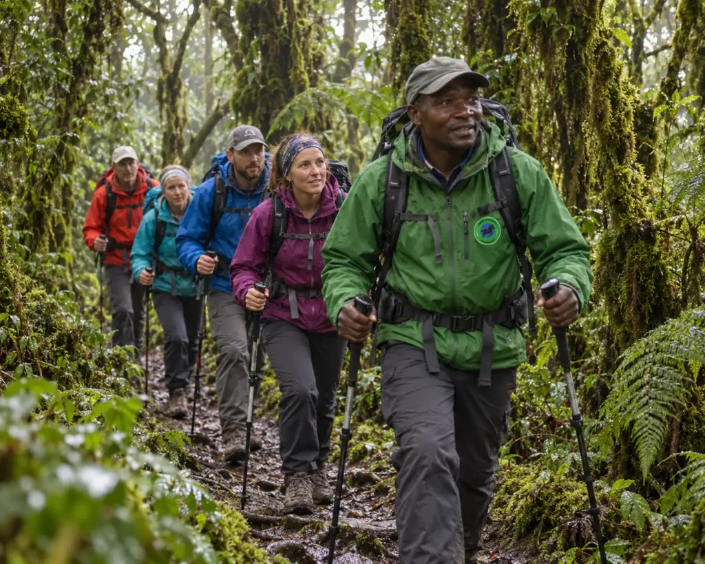 Adult hiking group on a lush rainforest trail on Kilimanjaro, practical trekking equipment