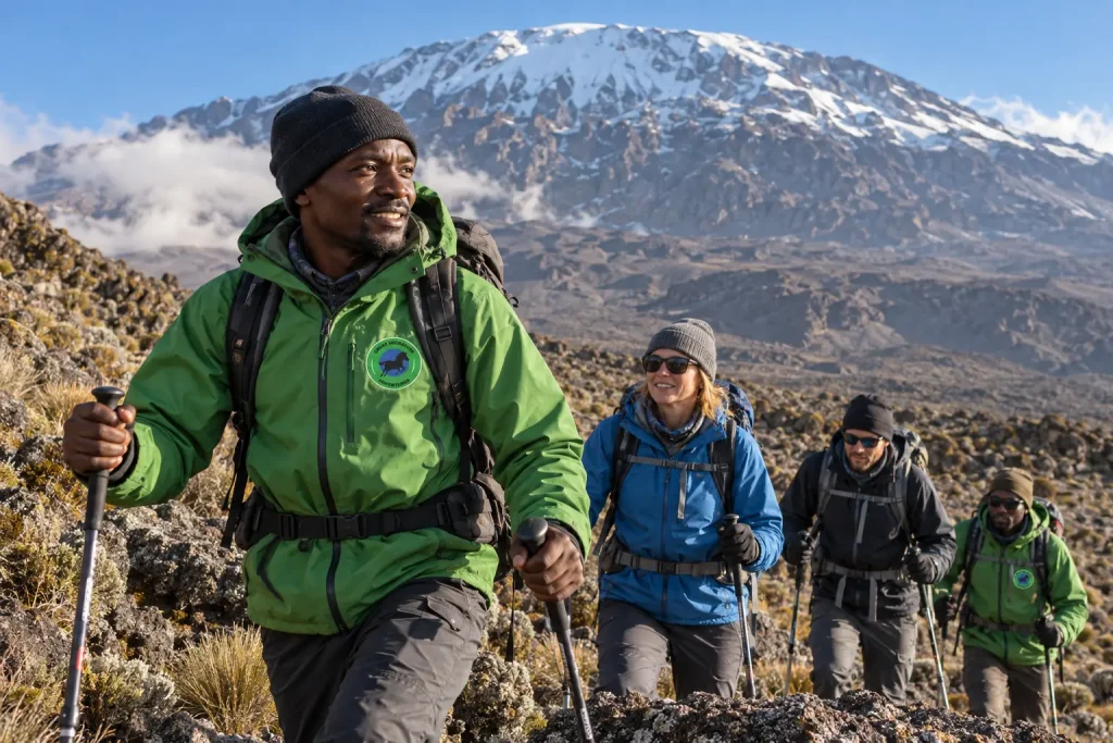Small adult trekking group on rocky high altitude terrain below a snowy Kilimanjaro summit, guides in technical jackets
