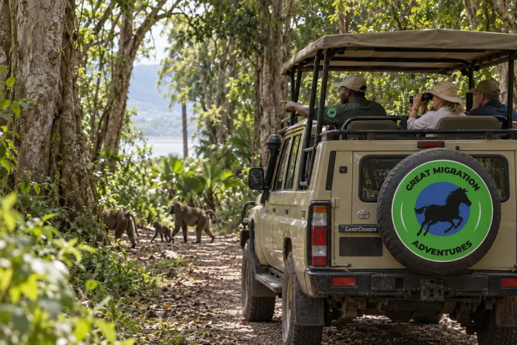 Safari Land Cruiser on a groundwater forest track, guide and adult visitors inside