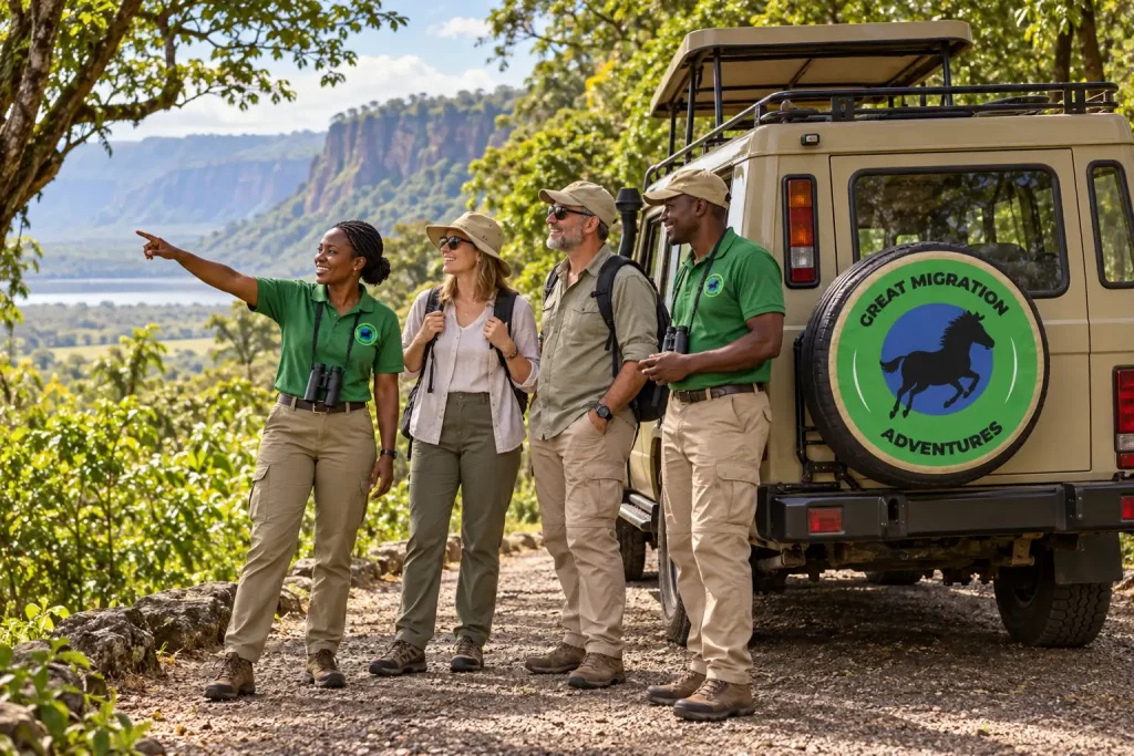 Women and men guides in Great Migration Adventures uniforms in Manyara, Tanzania