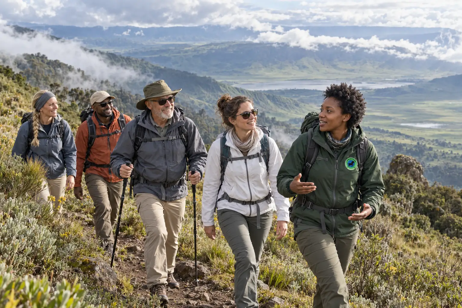 Guide with hikers in Ngorongoro highland scenery