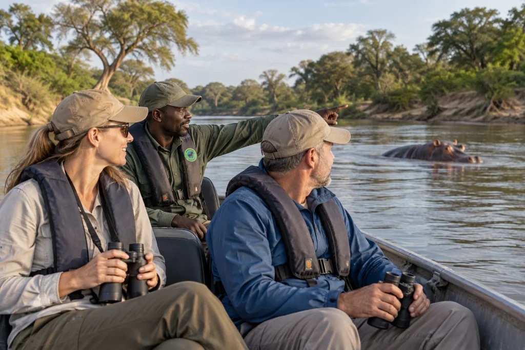 Adult clients and guide in a small safari boat, everyone wearing life jackets, natural river scenery