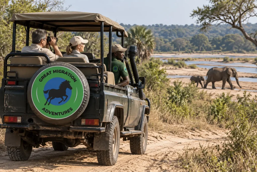 Safari Land Cruiser with guide and adult clients on a sandy southern Tanzania wildlife track