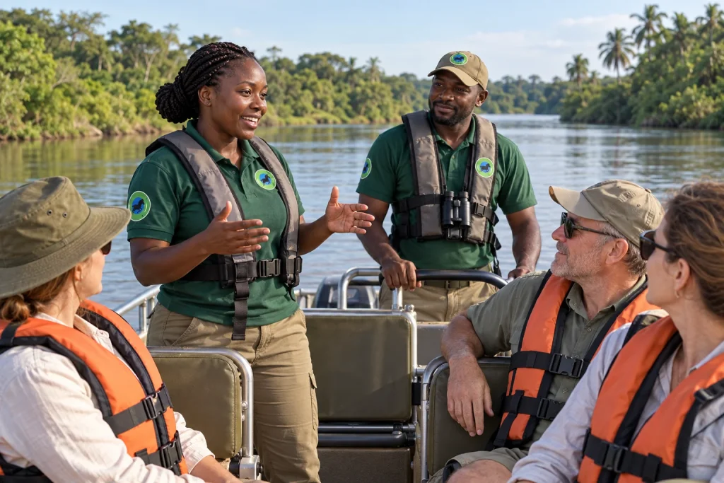 Women and men guides in Great Migration Adventures uniforms in Nyerere, Tanzania