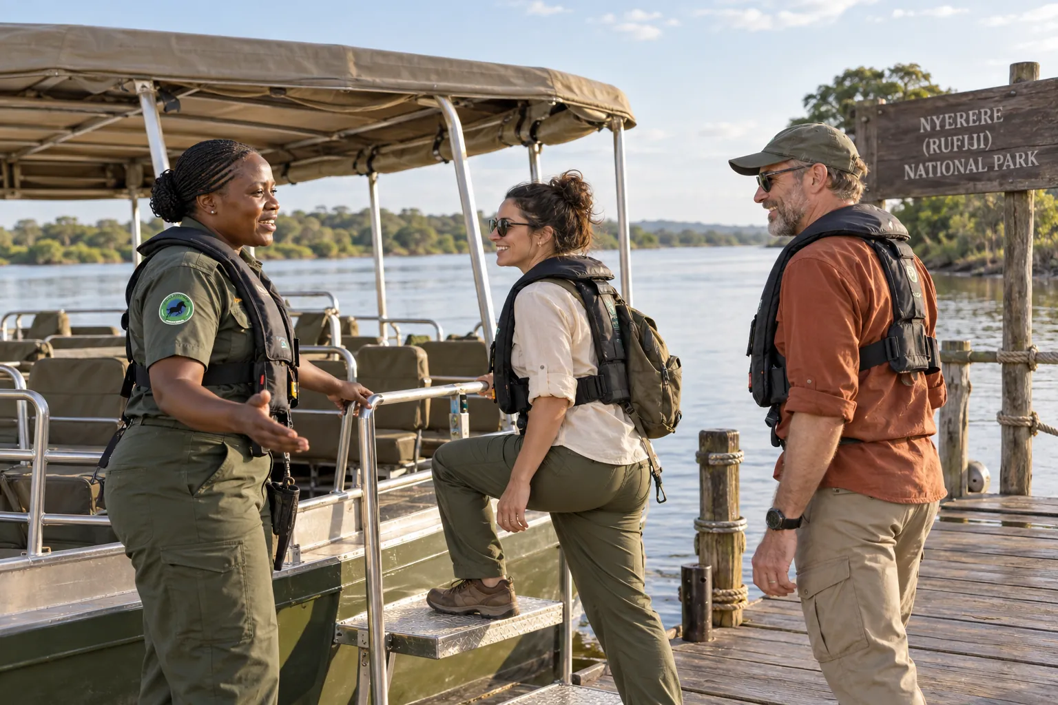Female guide and travellers boarding a river safari boat