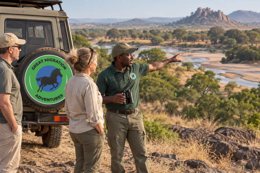 Guide in green uniform explaining safari landscape to adult clients beside a parked Land Cruiser