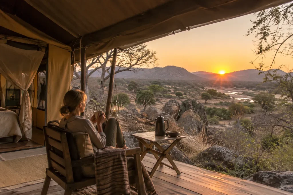 Generic safari tented camp in rugged woodland, warm sunset light, no named lodge