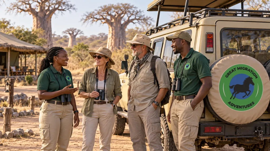Women and men guides in Great Migration Adventures uniforms in Ruaha, Tanzania