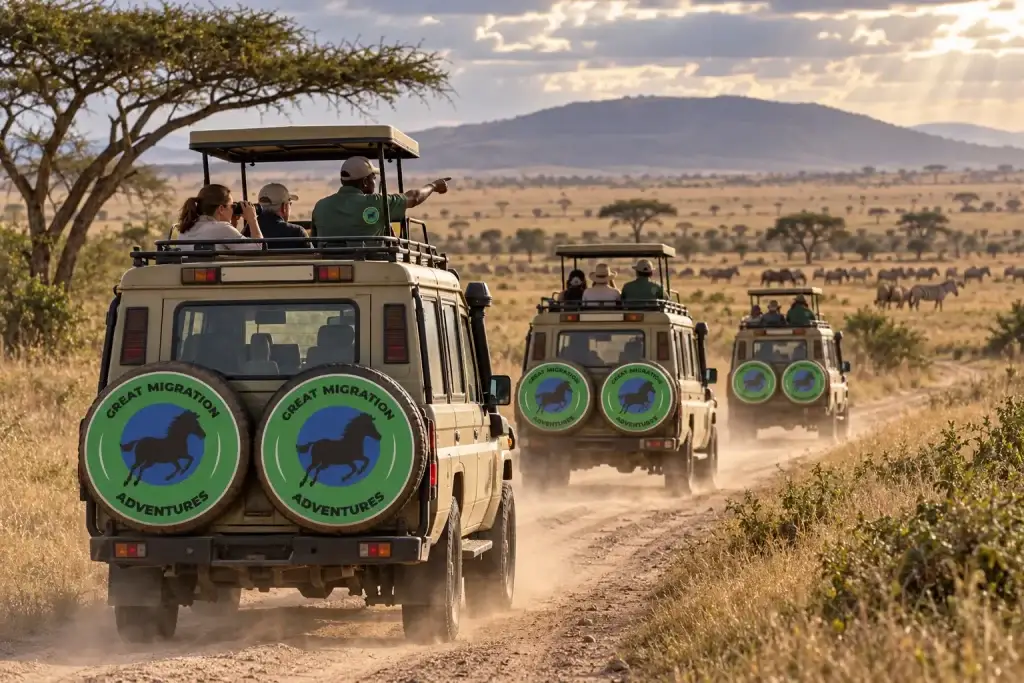 Three safari safari vehicles travelling a dusty track with distant wildlife