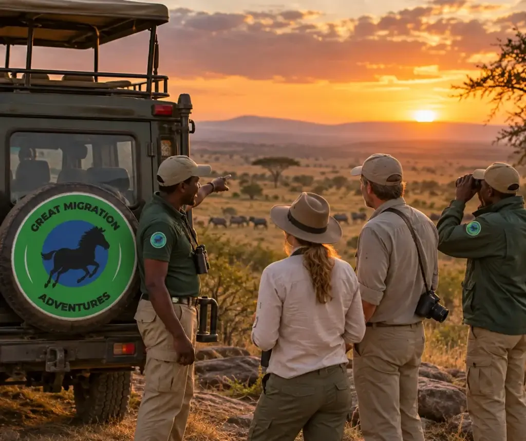 Adult travellers with guides beside a parked safari vehicle at sunset, no alcohol emphasis