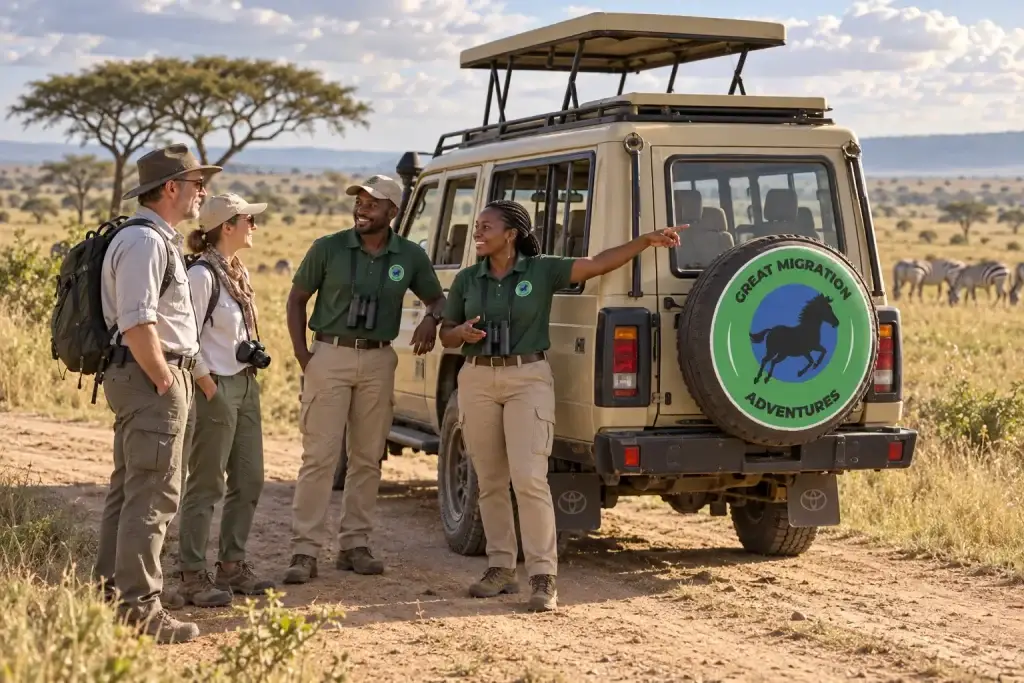 Women and men guides in Great Migration Adventures uniforms in Serengeti, Tanzania