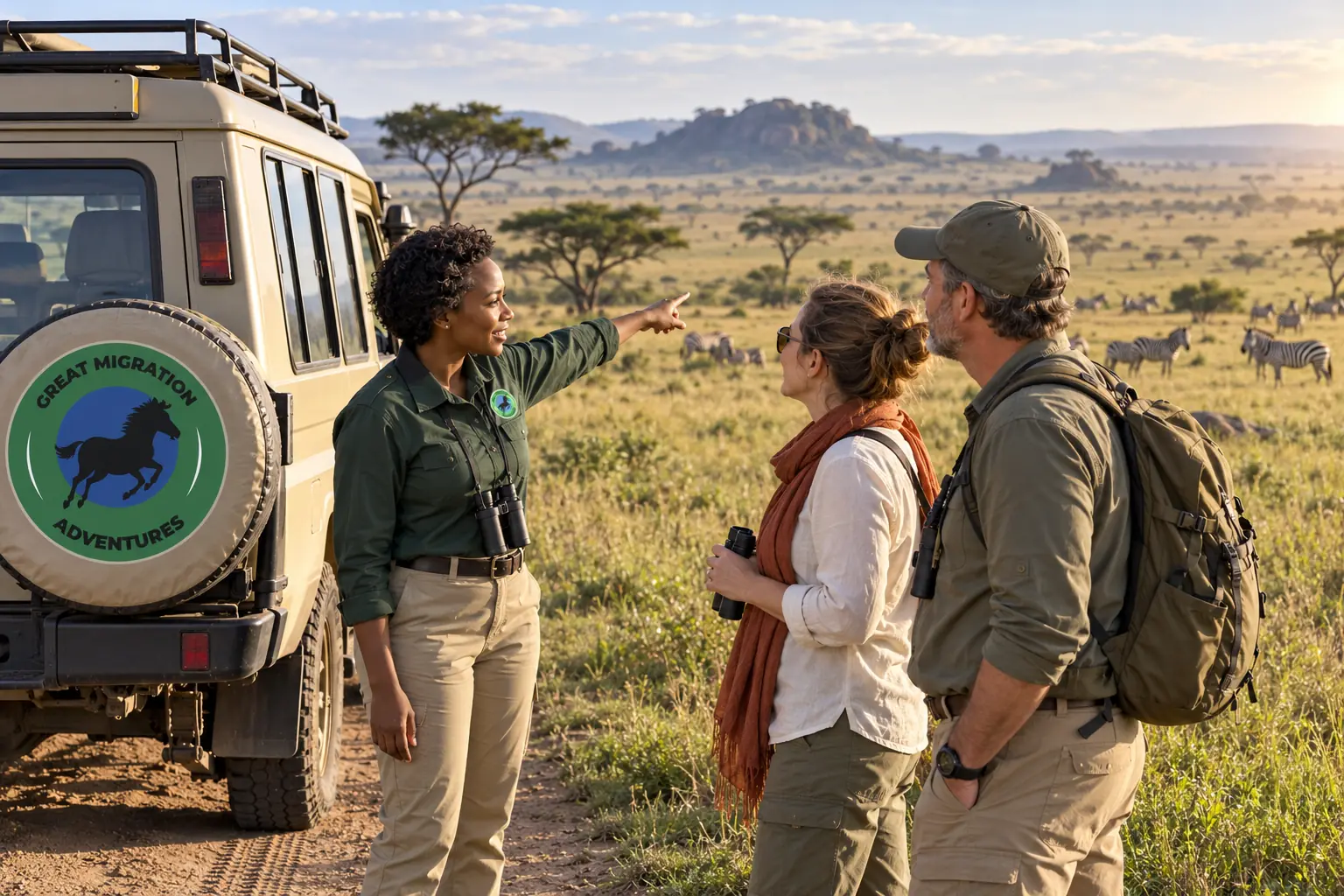 Serengeti wildlife safari with a female guide and a couple