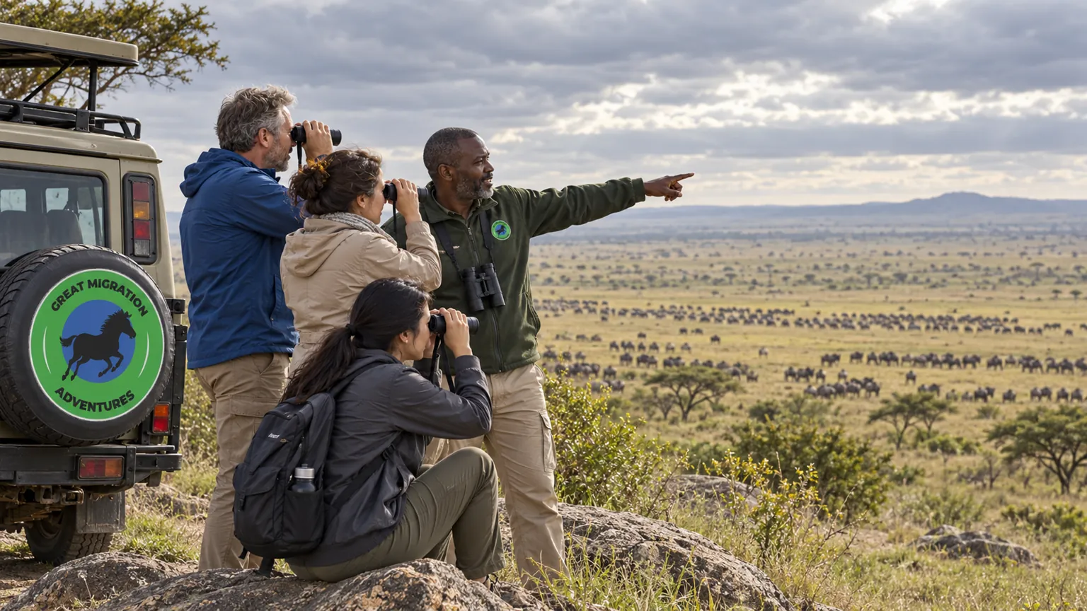 Guide and travellers watching Serengeti migration plains