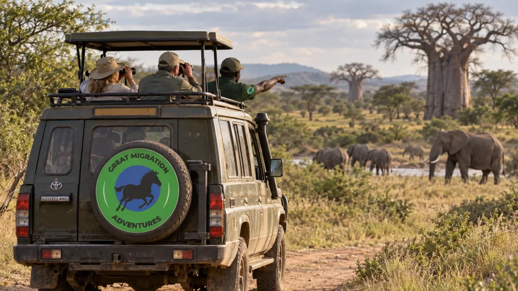 Rear three quarter safari Land Cruiser with guides and adult clients on a park track