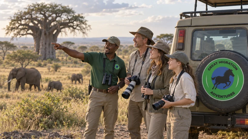 Adult family group and guide with camera equipment beside a parked safari vehicle