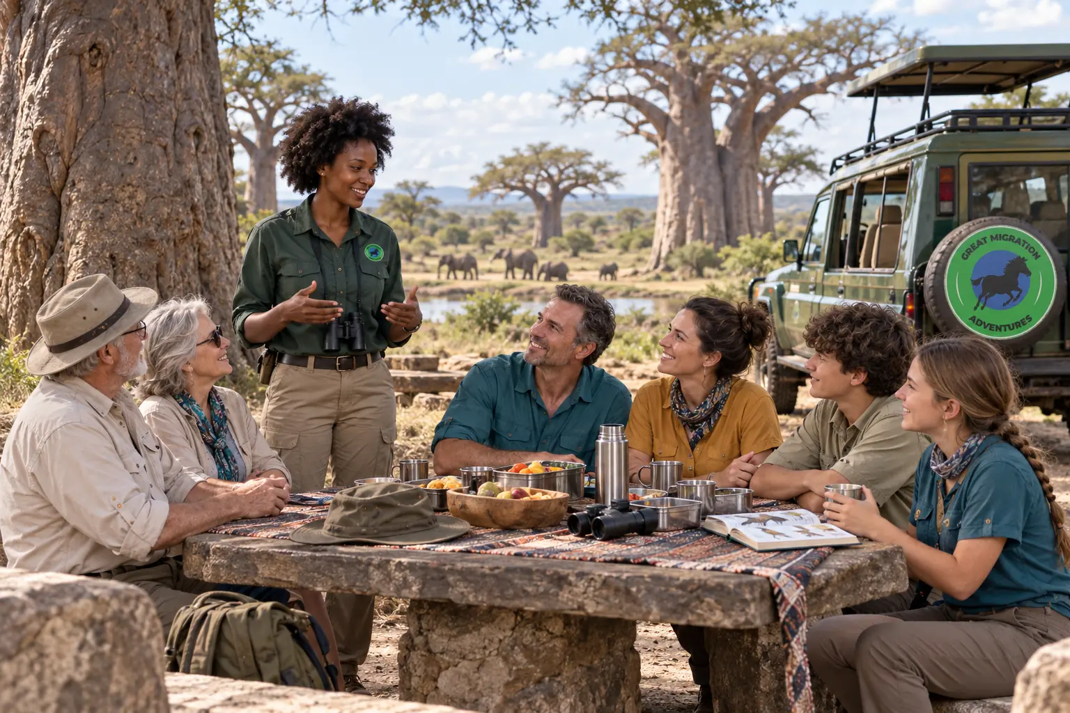 Family picnic on a Tarangire safari with a female guide