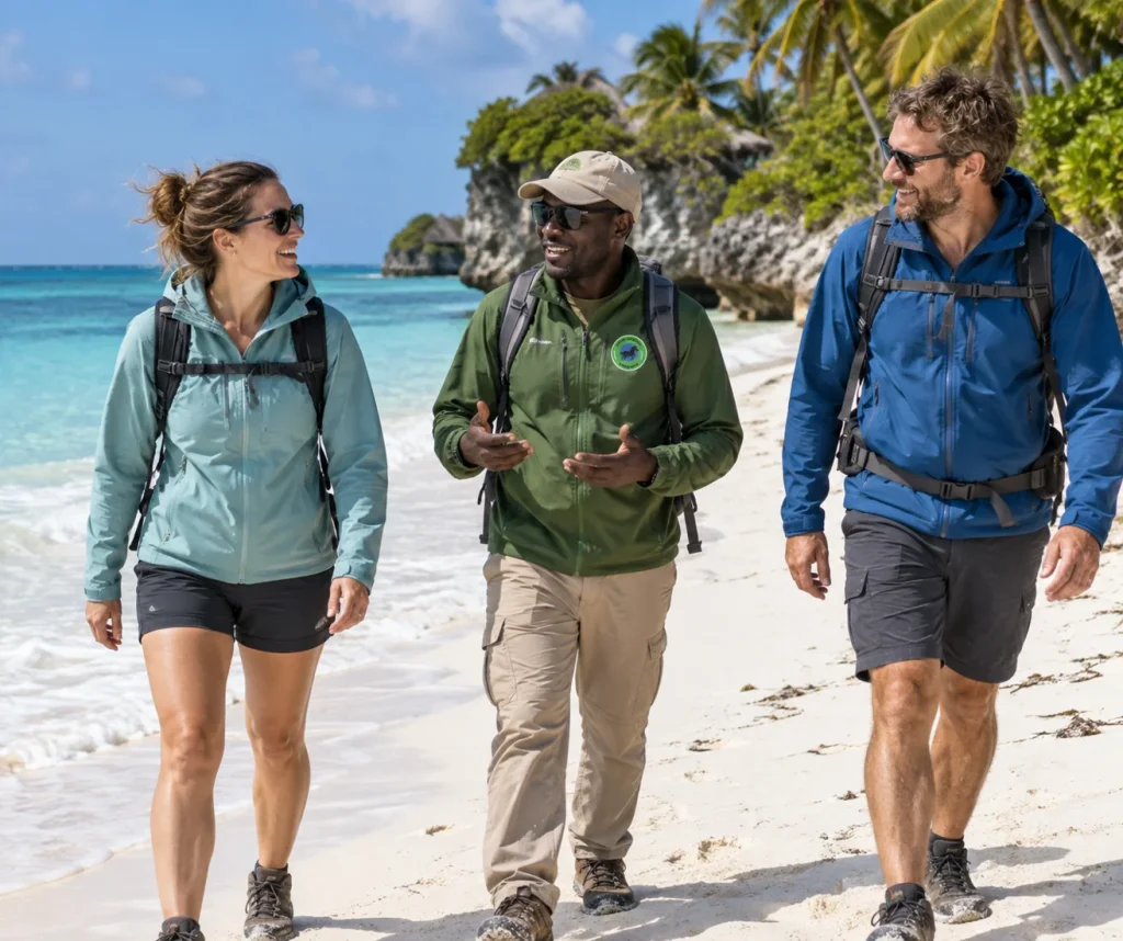 Two adult visitors and a local guide walking along a white sand beach