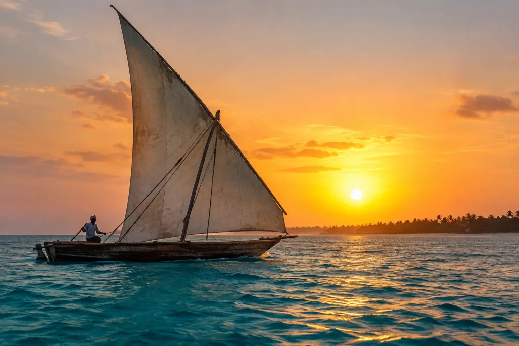 Traditional wooden dhow sailing across turquoise water at warm sunset